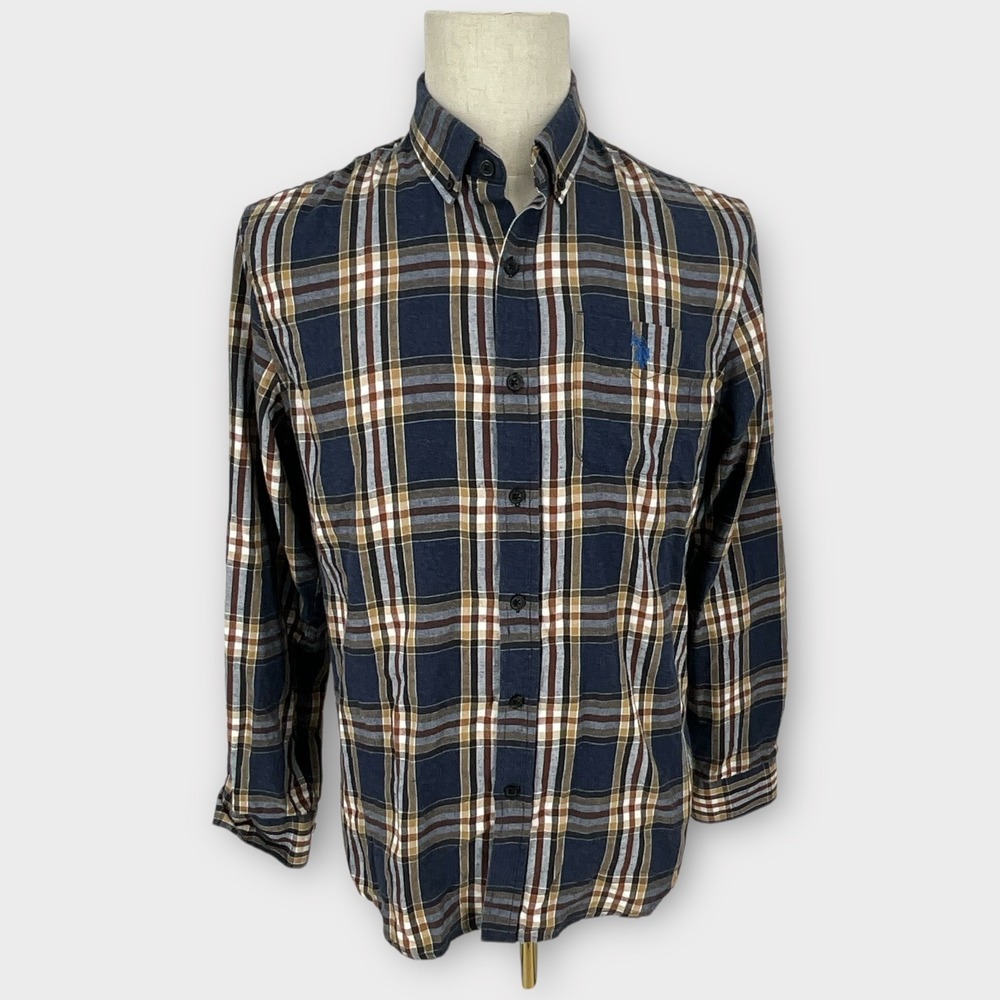 US Polo Assn Mens Plaid Flannel Button Down Shirt Blue Brown White Long Sleeve S